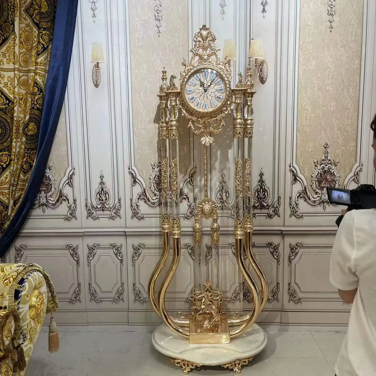 European Deluxe Crystal Clock Rose Golden Antique Standing Clock Brass Royal Grandfather Clock