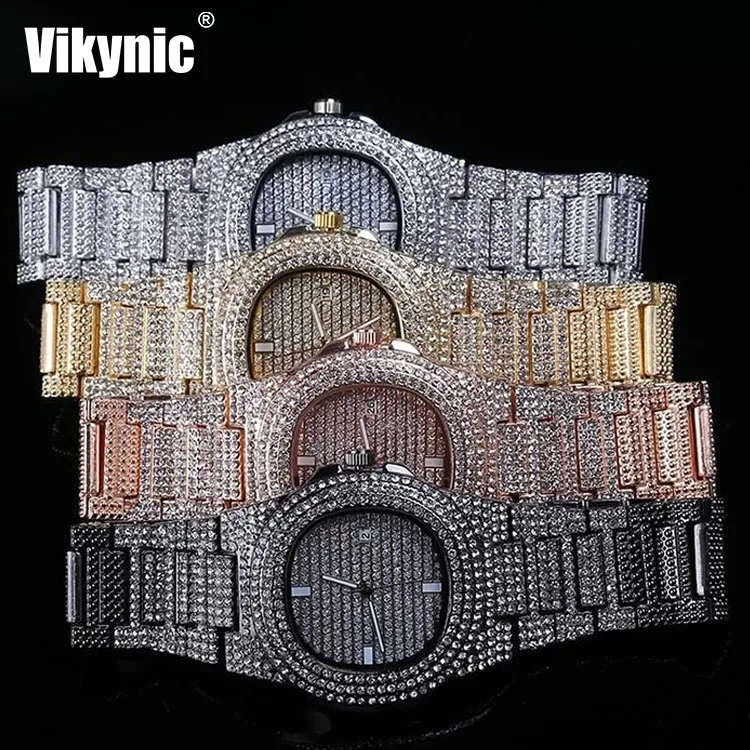 
18K Gold Plated Hip Hop Wrist Watche Micro CZ Stainless Steel Wristband Iced Out Watch Men Luxury Quartz Iced Out Watch 