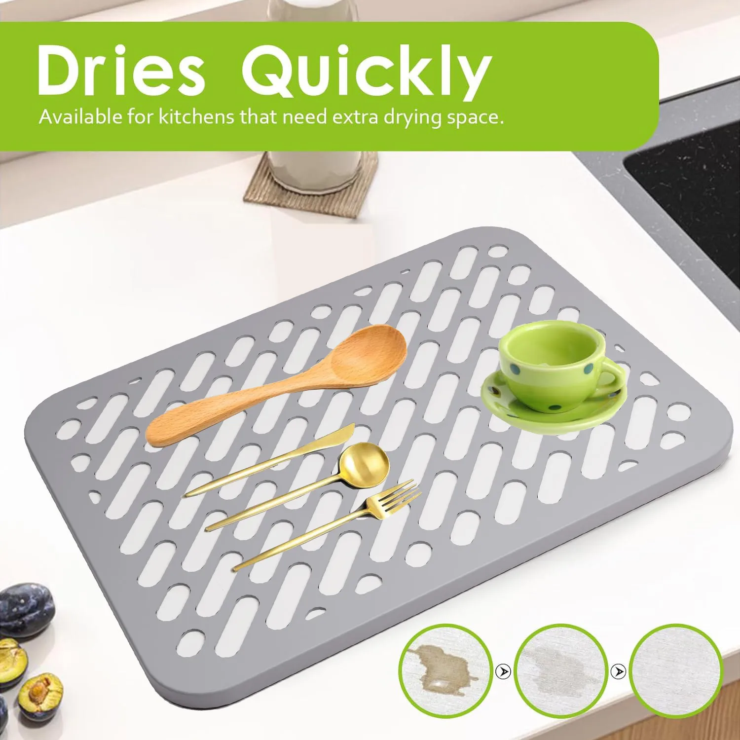 Stone Dish Drying Mats With Silicone Cover for Kitchen Counter Diatomaceous Earth Mat Wrapped in Silicone Webbing to Protect Dis