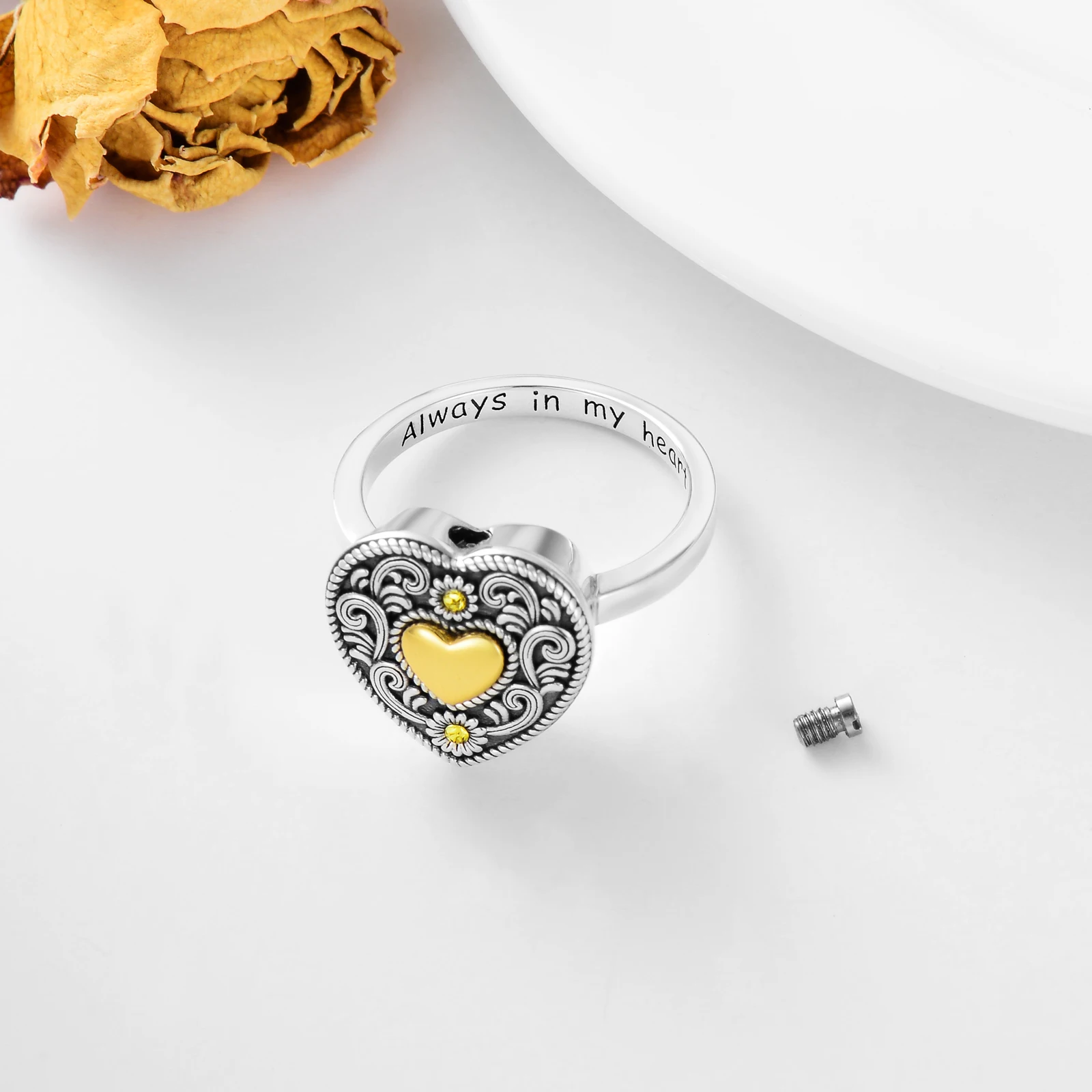 Memorial Jewelry For Women 925 Sterling Silver Always In My Heart Ring Sunflower Heart Urn Rings