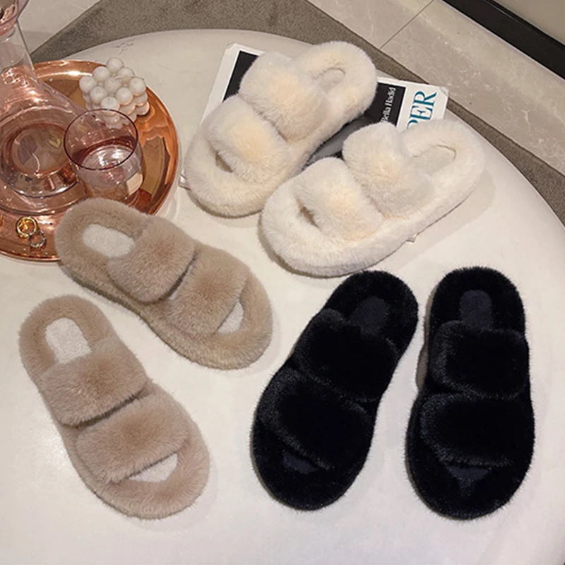 2022 New Soft Plush Furry Open Toe Imitated Rabbit Fur Slides Fuzzy Fluffy House Indoor Shaggy Slippers For Women