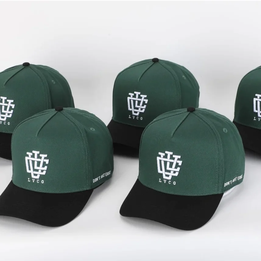 High Quality Men 3D Embroidered Baseball Hats For Adult Custom Dark Green Cotton Embroidered Mid Crown Two Tone 5 Panel Baseball