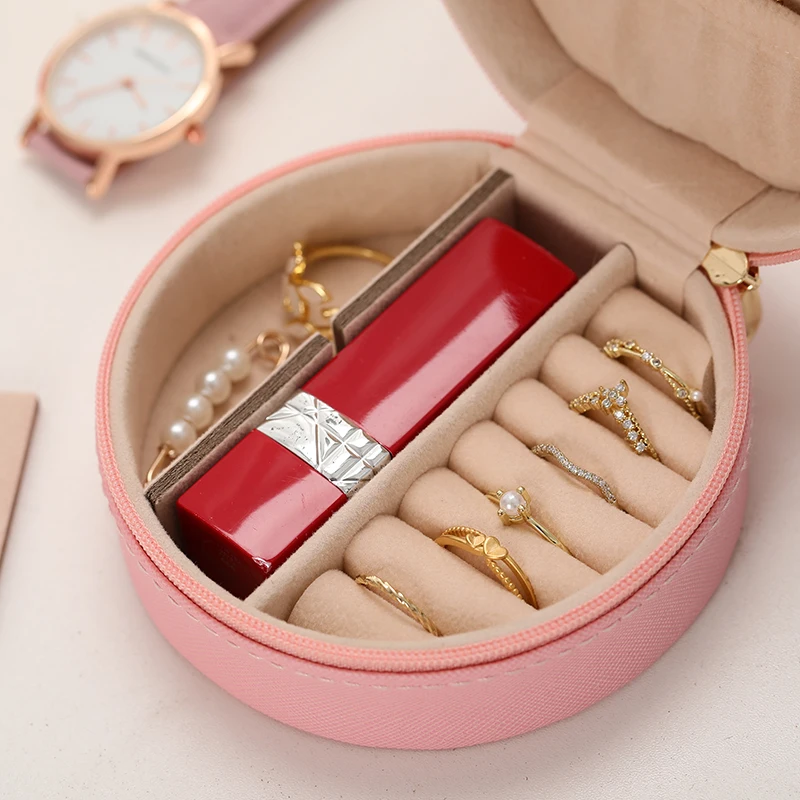 2023 New luxury gift packaging box wholesale round pink jewelry storage box customized white pu leather jewelry packing box