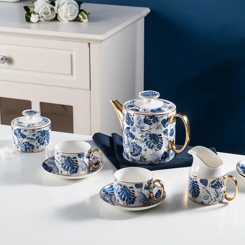 
European Royal Porcelain Tea And Coffee Set Luxury Blue Banana Leaf Design Bone China Tea Cup Set 