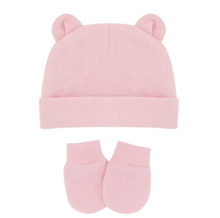 Cute Bear Ear Newborn Baby Beanie Gloves Set Cotton Knitted High Elastic Infant Warm Baby Hat for 0-12 Month