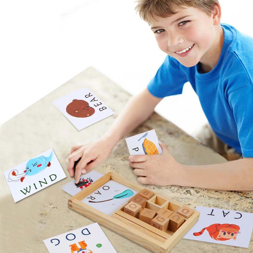 Kids early wooden montessori educational spelling words game learning toys