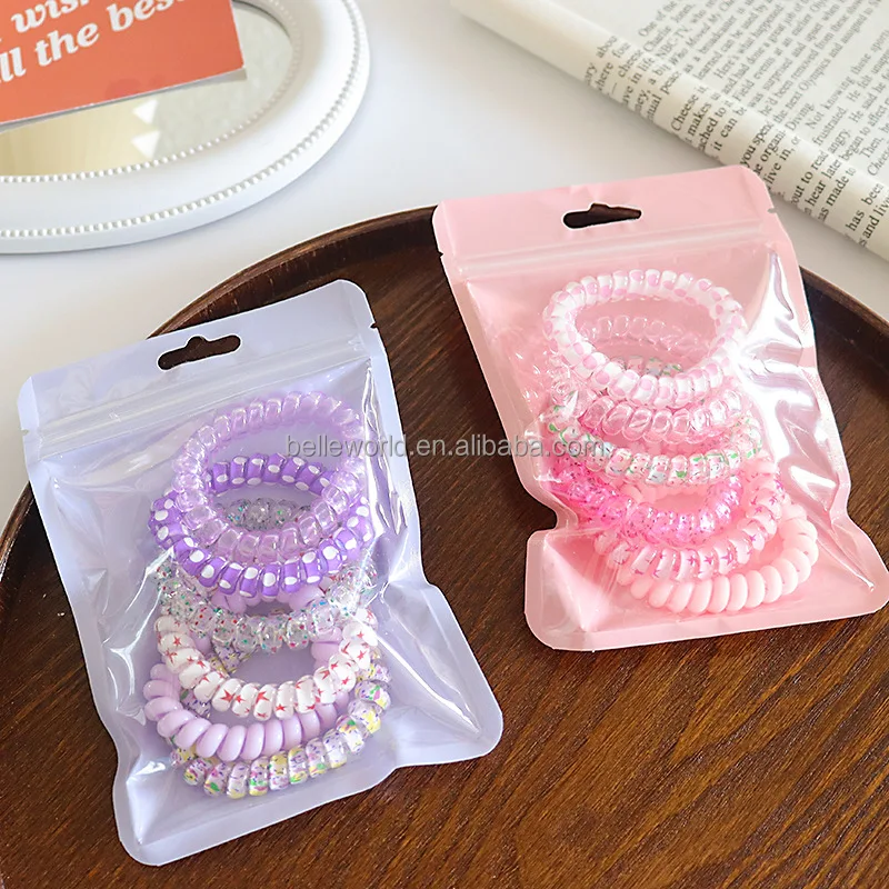 BELLEWORLD custom package new fashion elastic band hair accessories for girls 6pcs/bag candy color sweet phone cord hair ties