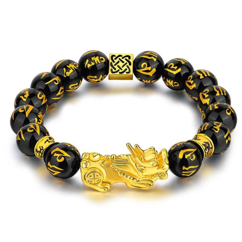 Chinese Lucky Bracelets Gold Plated Beads Feng Shui Black Obsidian Wealth Bracelet