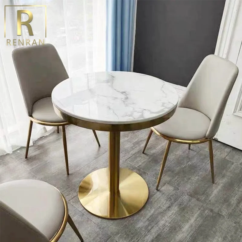 Popular Luxury Modern Marble Top Brass Gold Stainless Steel Base Round Cafe Marble Dining Table