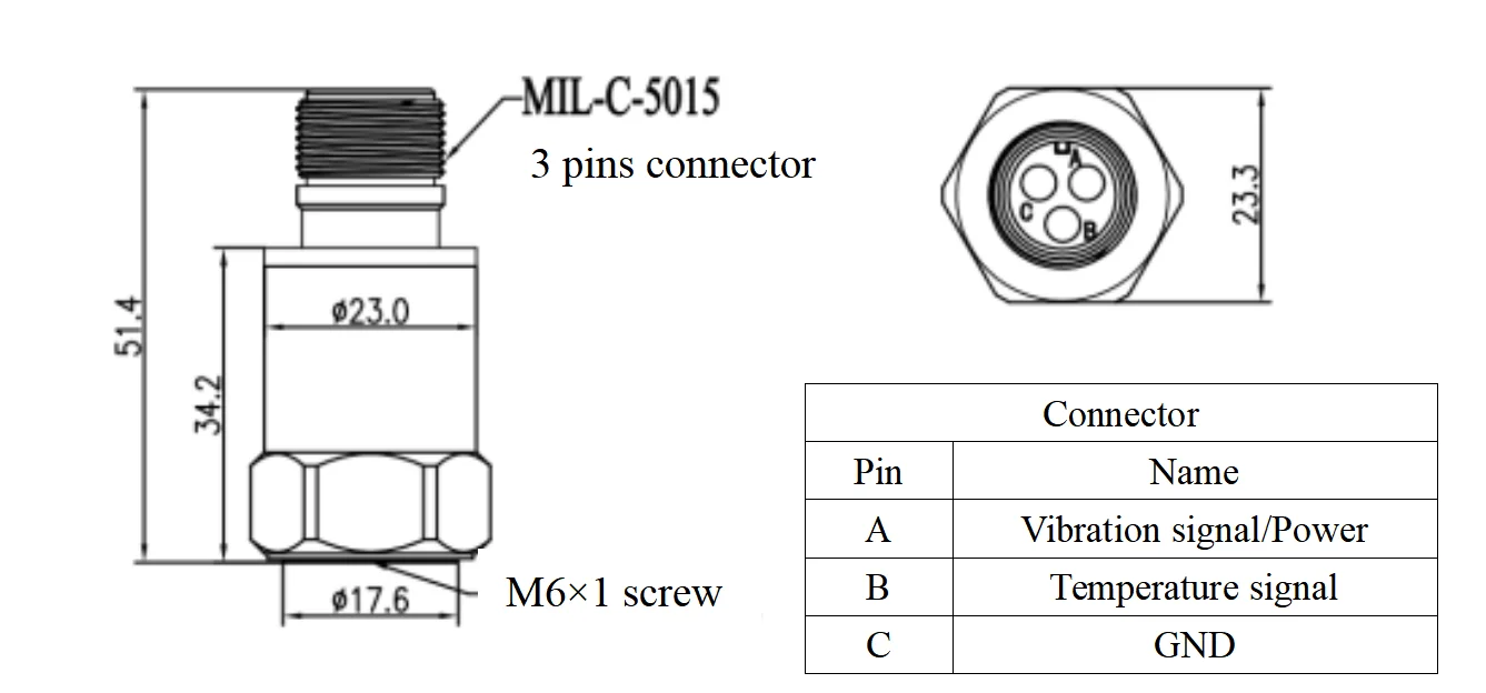 100mv/g  3 pins wired  vibration sensors with top output