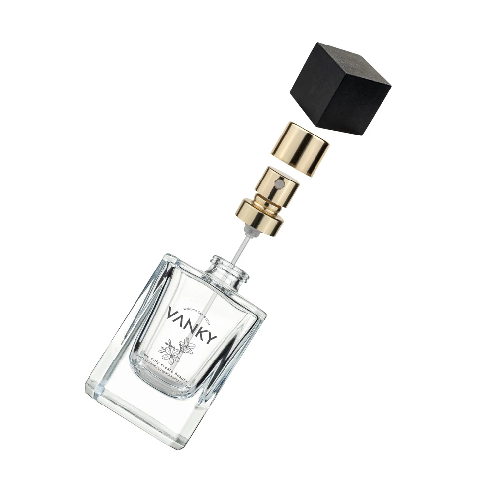 Hot Sales Custom Cosmetic Empty Square Perfume Refillable Bottle 30ml 50ml Spray Pump Perfume Glass Bottle