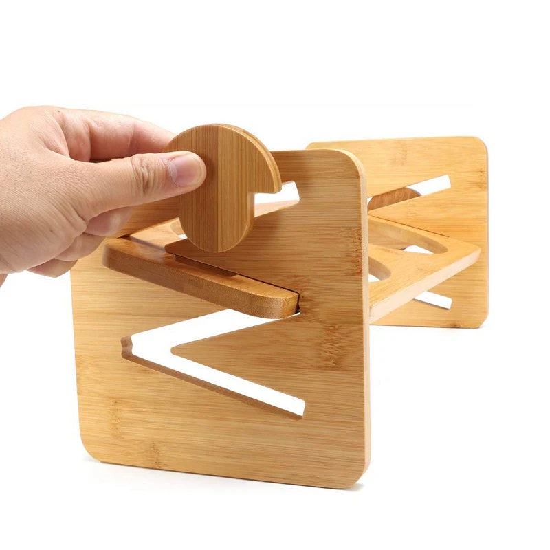 Adjustable Height Raised Pets Bamboo Puppy Feeder Wood Food Drink Bowl 2-ceramics Elevated Bamboo Wood Pets Feeder Holder