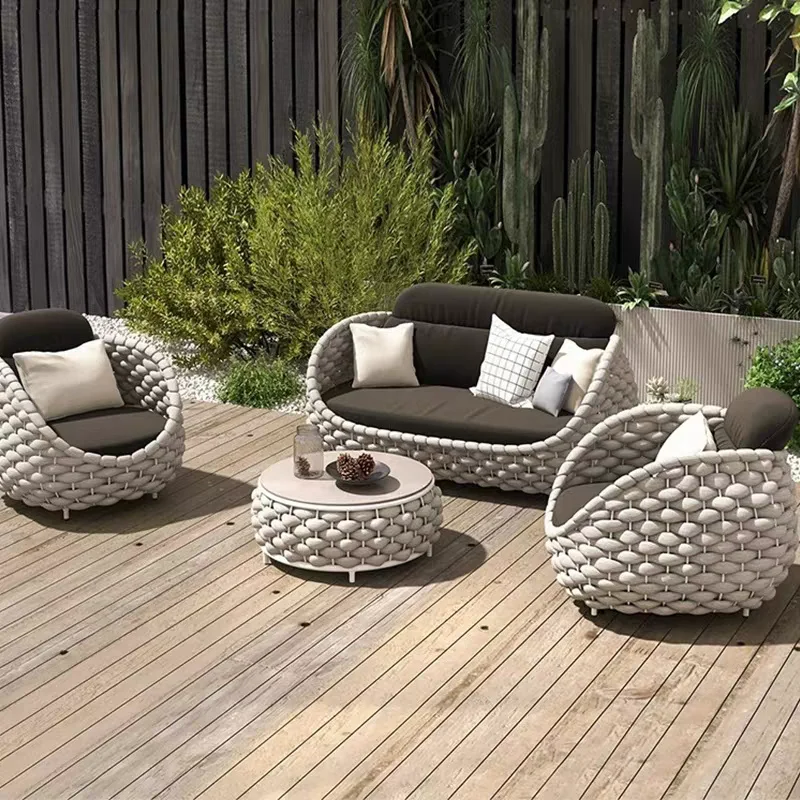 Outdoor Furniture Rattan Wicker Sofa Patio Luxury Design Waterproof Fabric Garden Rope Set