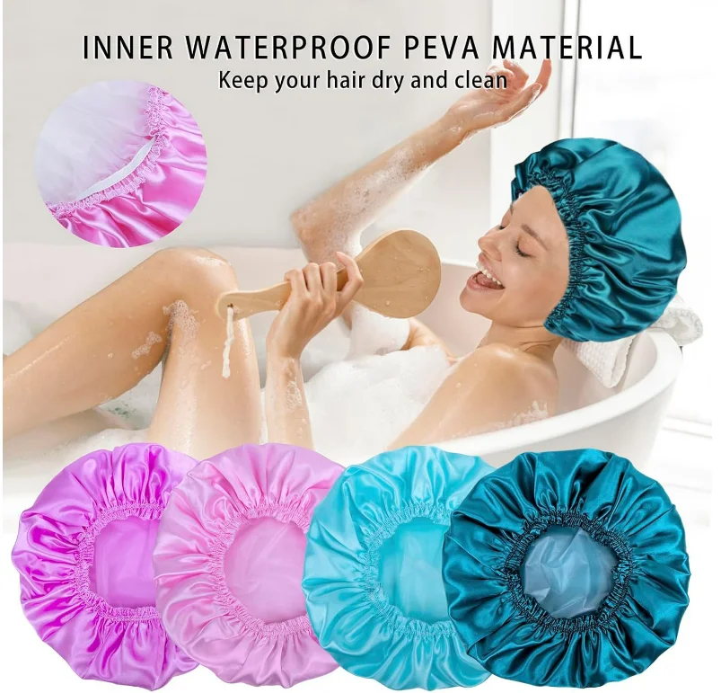 New  Double Waterproof Layers Shower Cap Elastic Reusable Bath Caps Protection Hair Bath Hat for Bathing Cooking Baking Cleaning
