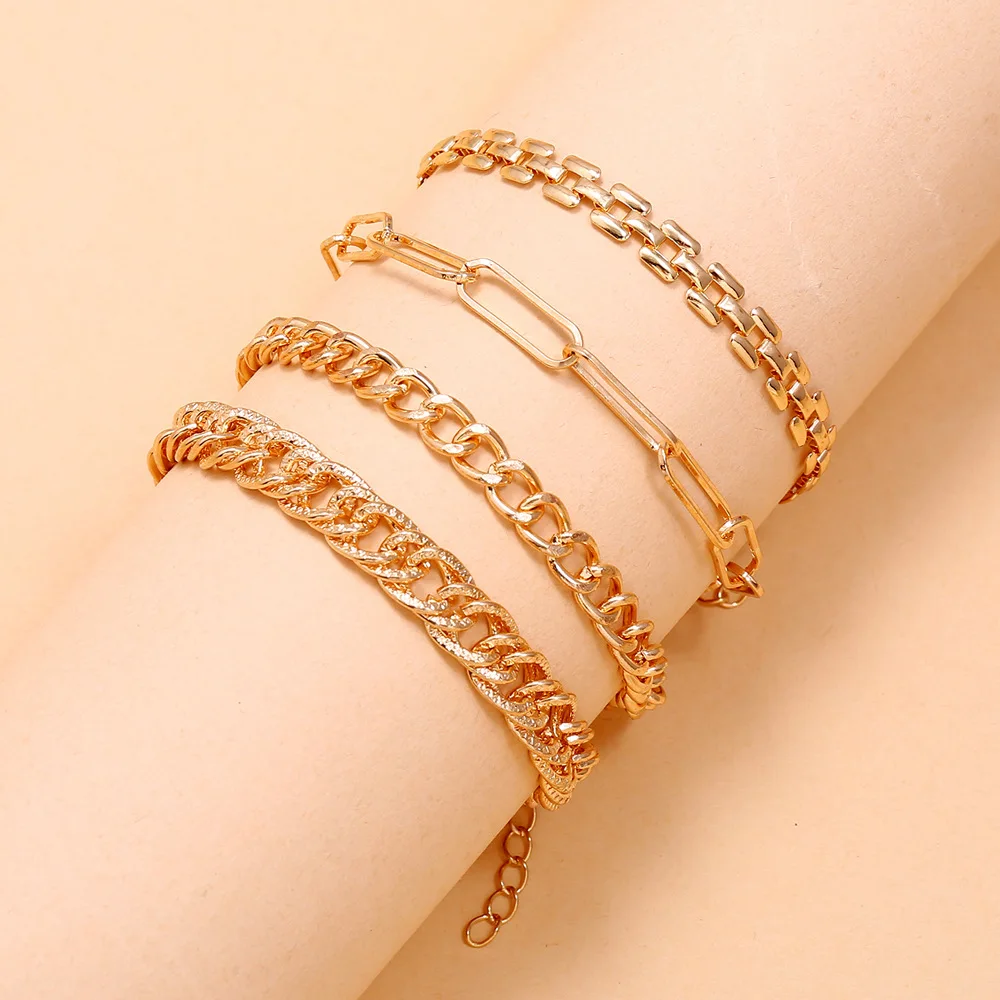 Go Party Fashion Jewelry Anklets 4Pcs Set Cuba Link Chain Anklets Foot Jewelry Alloy Watch Chain Tennis Chains Anklet For Women