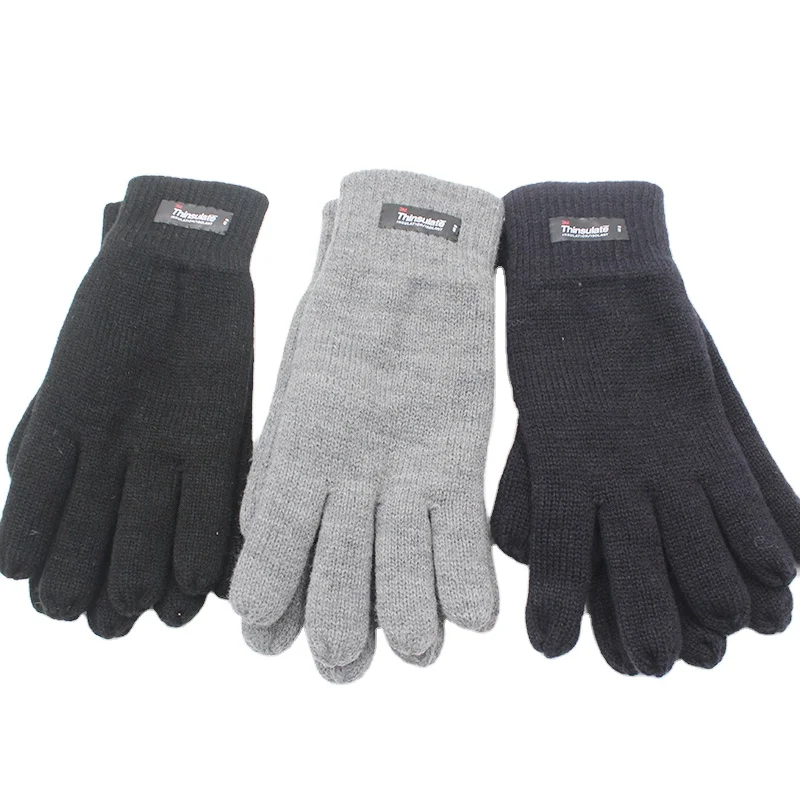 Mens 3M Black Thinsualte Cotton Thermal Glove Acrylic Knitted Winter Gloves