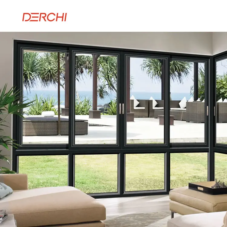 Residential project waterproof 3 tracks aluminum sliding window with blue glass