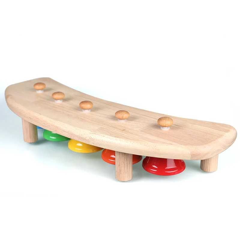 Hot Selling Kids Wooden Music Educational Toys Bells Percussion 5-Tone Bell With Wood Metal Bells Wholesale