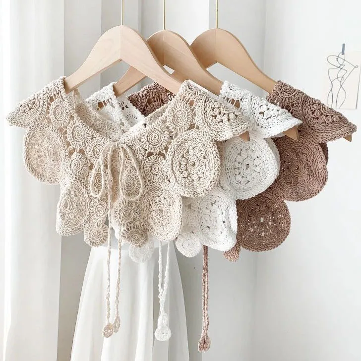 Y-F Design cotton hollow knit women lace false collar scarf small shawl bow decorative collar