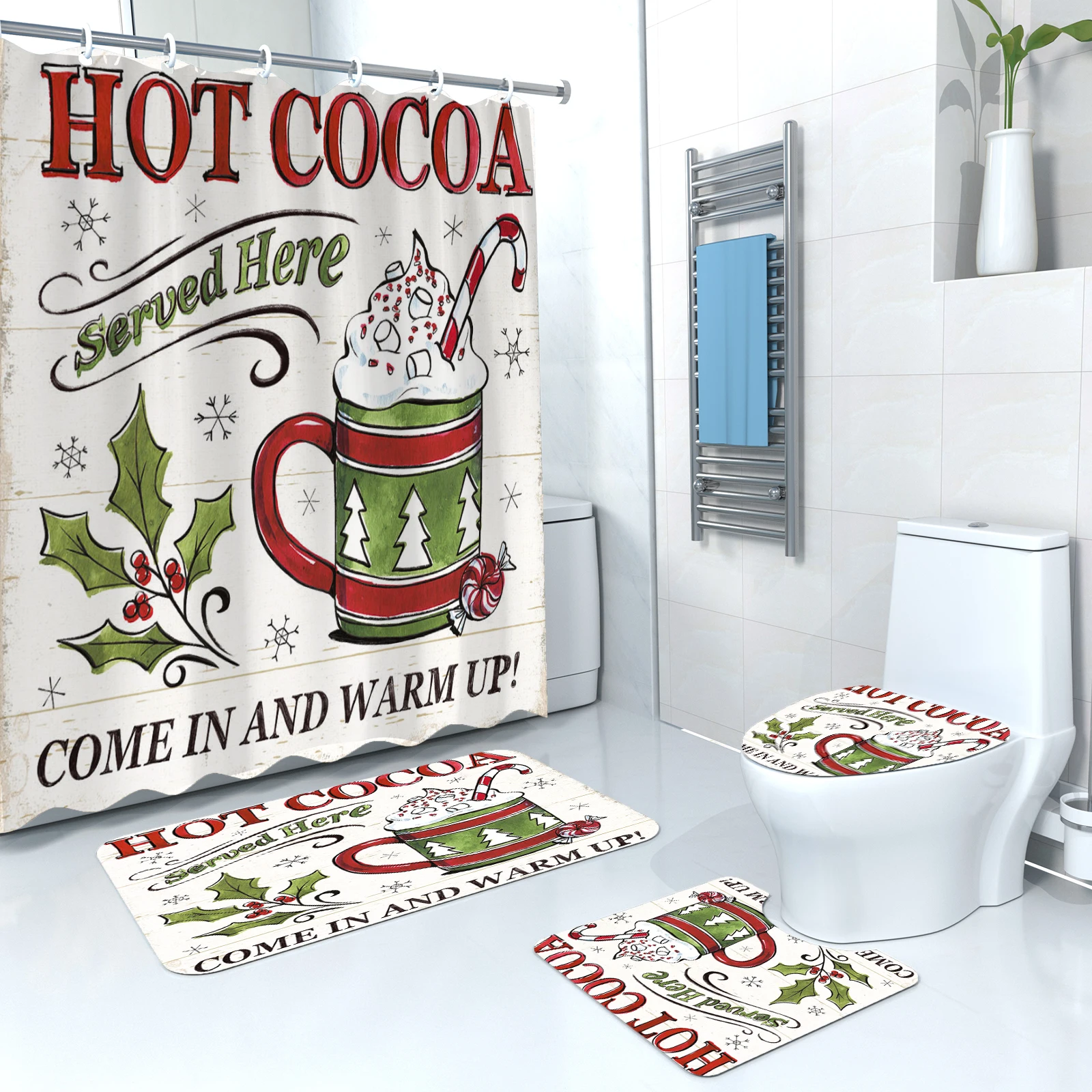 Customized Christmas Bathroom Sets 4-PC Christmas Shower Curtain Shower Bath Mat Set