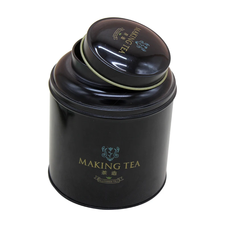 Black round shape customized metal tea tin box airtight tea tin case