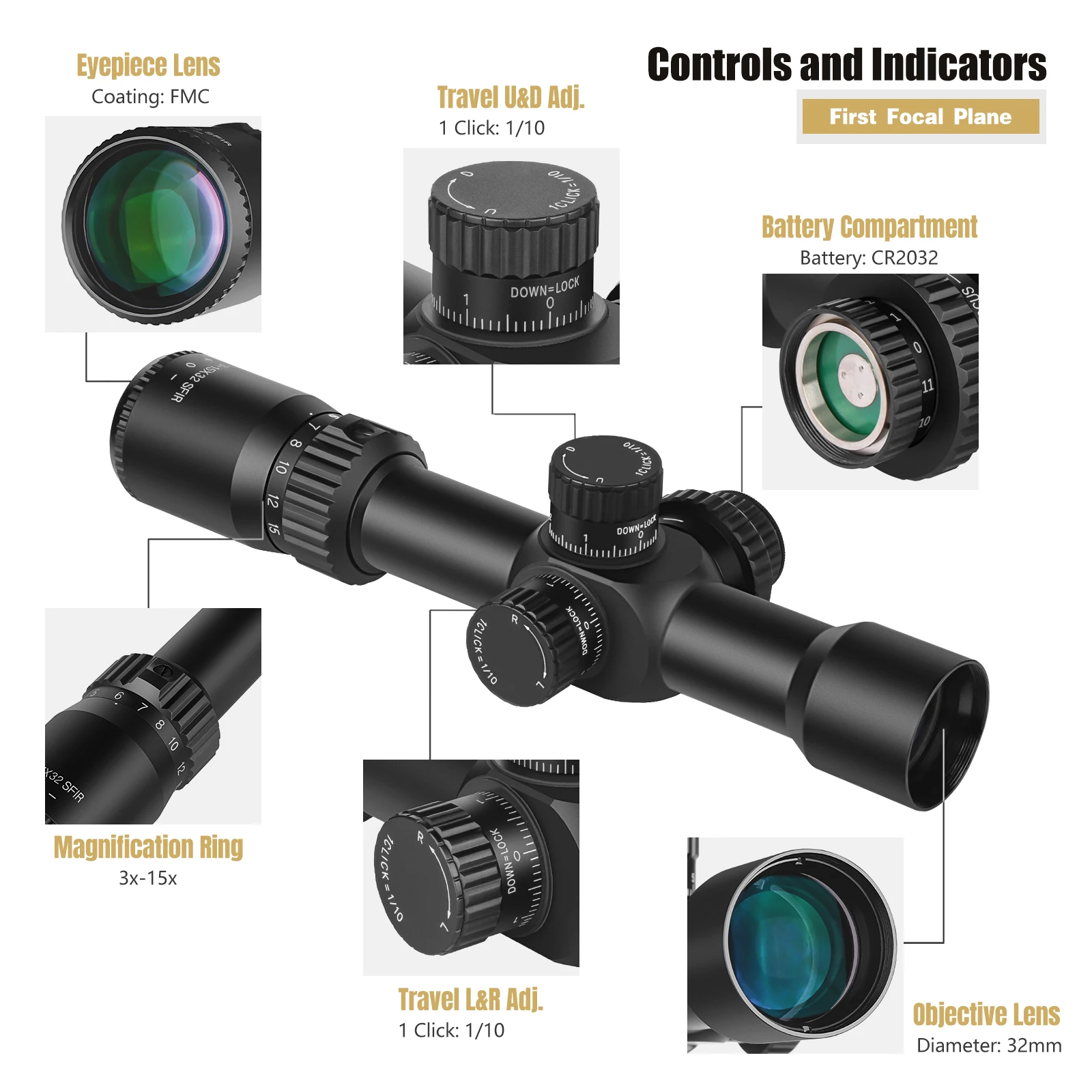 3-15x32 Side Focus Illuminated First Focal Plane Waterproof Shockproof Fogproof Scope Hunting Optical Sight