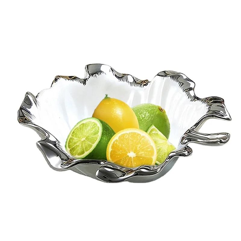 signed unique leaf shape silver Rim ceramic dish plate Nordic Porcelain Plates fruit candy and Snack tray for home