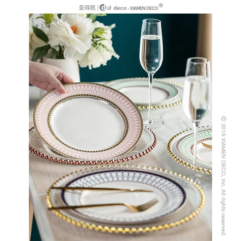 European style glass bead point gold plated western plate steak plate restaurant plates ceramic