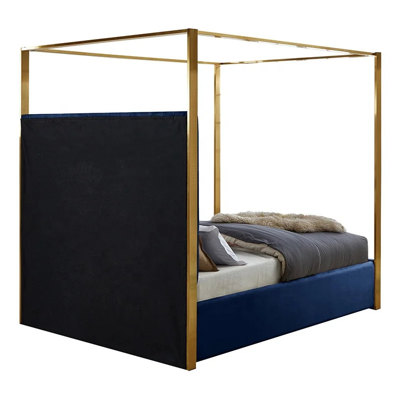 Luxury gold metal wood upholstered canopy bed frame queen size bedroom furniture