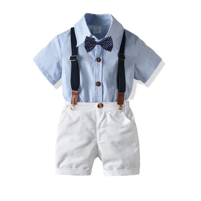 Baby Boy Gentleman Clothes Set Summer Suit For Toddler White Shirt with Bow Tie+Suspender Shorts Formal Newborn Boys Clothe