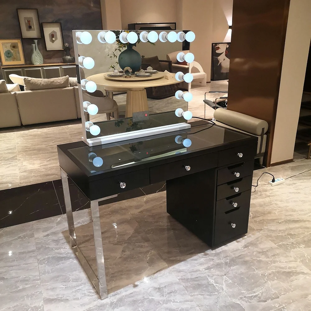 Stock on USA! Docarelife Hollywood  Modern Bedroom Dresser  Stainless Leg Makeup Table Set with Lighted Mirror For Girls