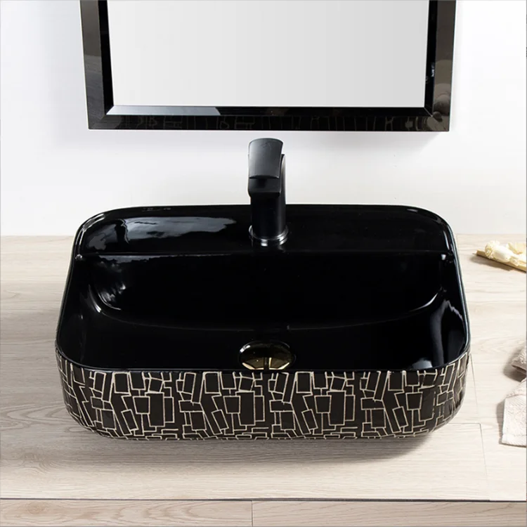 High-end sanitary ware glossy black washbasins countertop hand wash basin modern ceramic bathroom sink