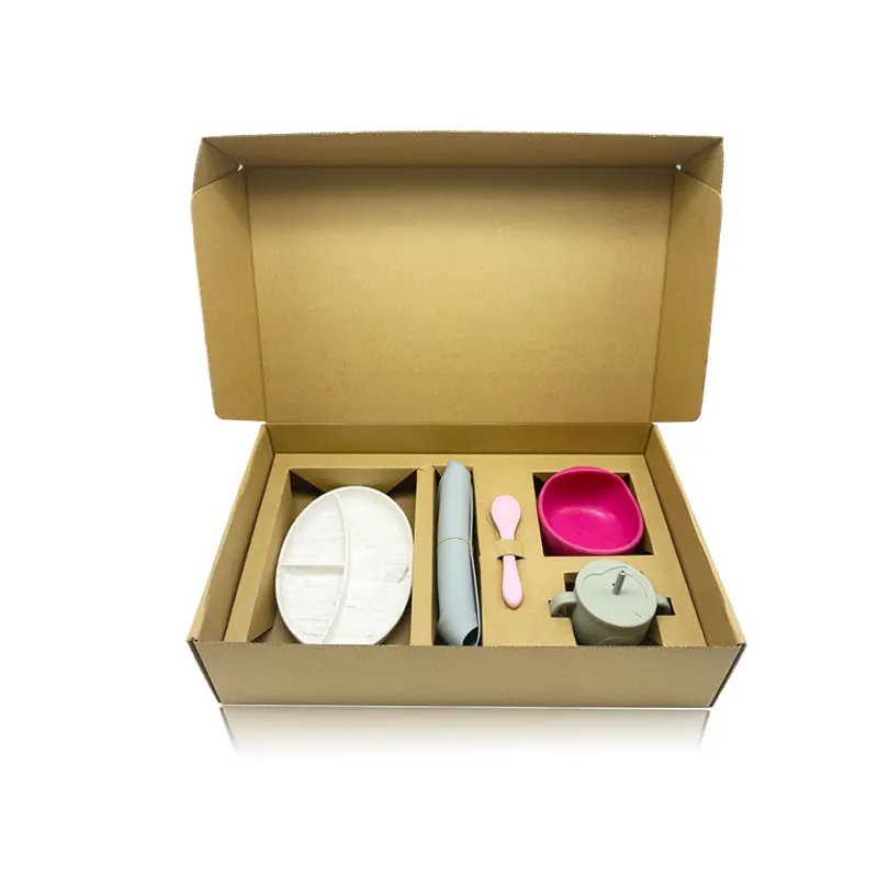 Customized Eco-friendly Corrugated Paper Box Lightweight Durable Silicone Tableware Kids Gold Foil Print Safe Shipping Enhances