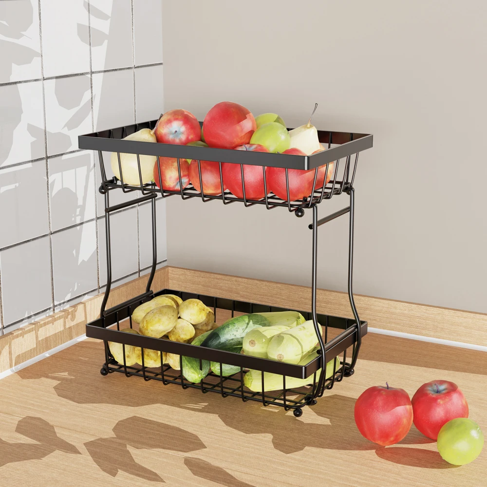 2-Tier Detachable Metal Wire Storage Rack Kitchen Fruit Basket Stand Vegetable Organizer Baskets Living Room Snack Storage Hold