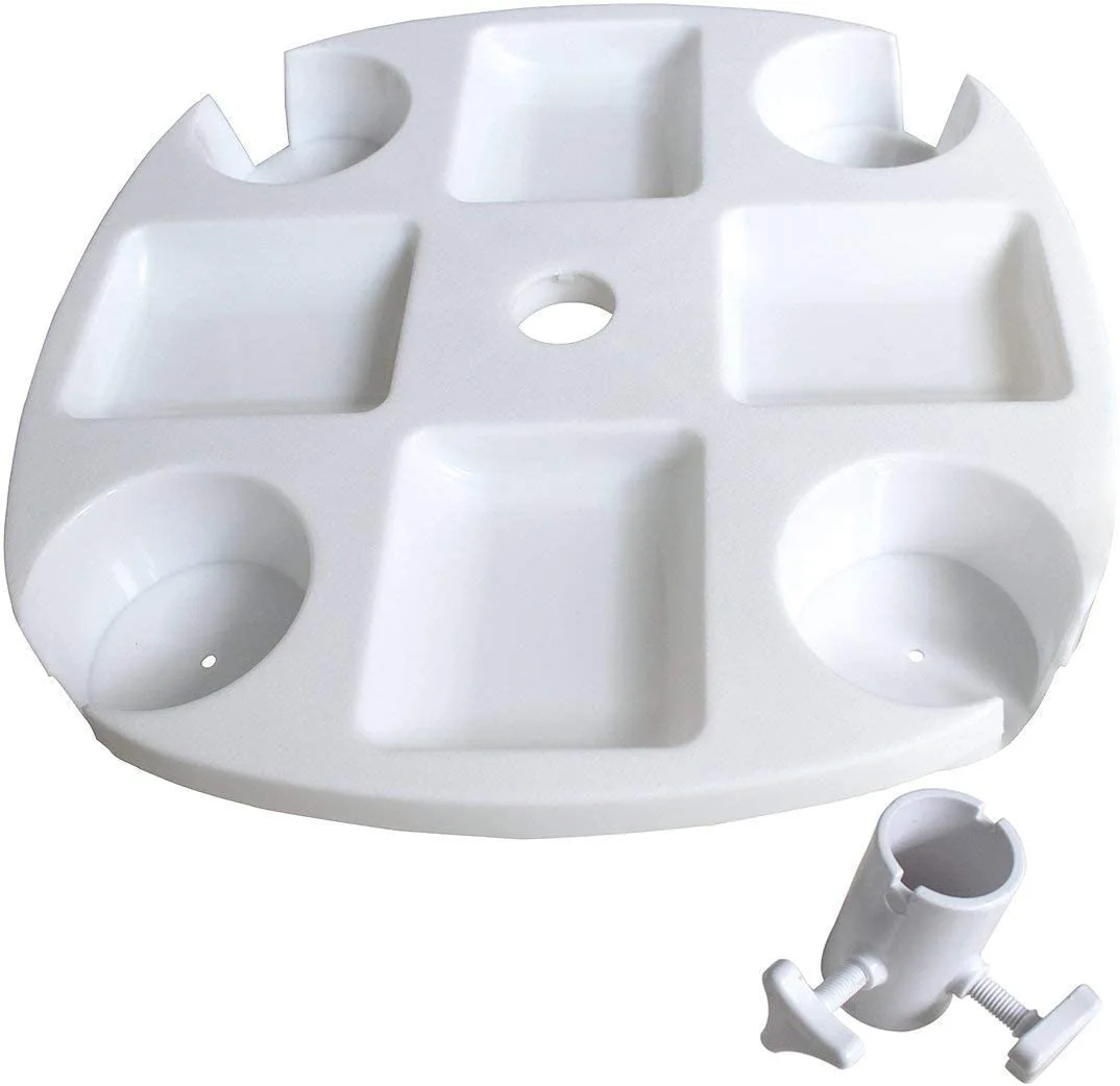 Outdoor white plastic beach umbrella  Medium-Sized Plastic Beach Umbrella Table Tray with 4 Cup Holder and Holes on the Side