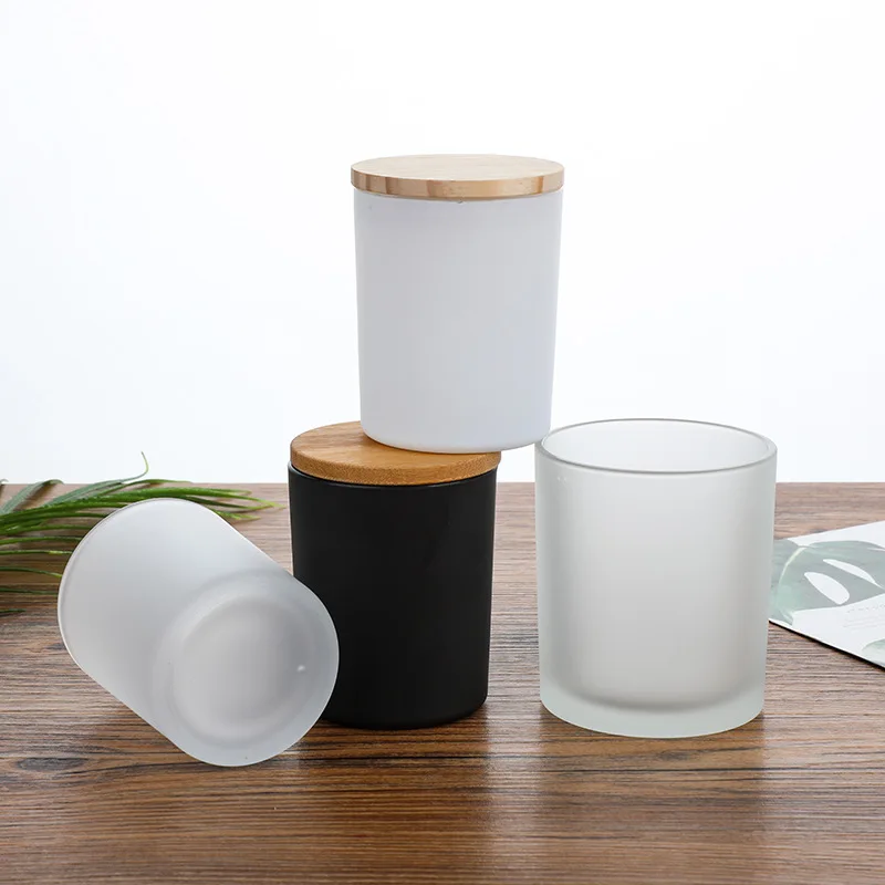 300ml matte black glass candle jar with natural color wood bamboo metal lid