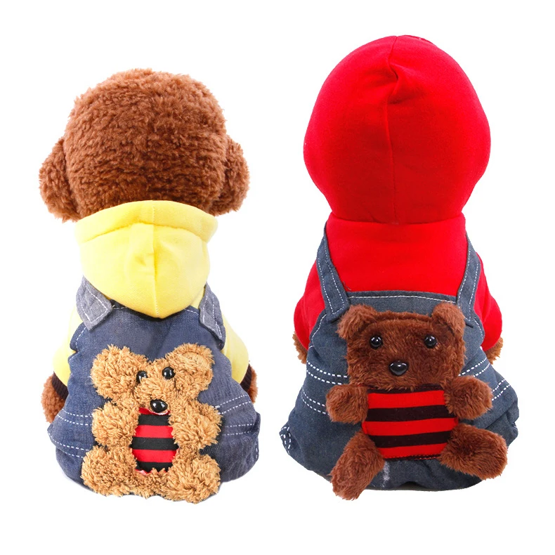 Pet Supplies Dog Clothes Autumn Winter Warm Bear Pattern Denim Bib Suit Pet Hoodie Clothes