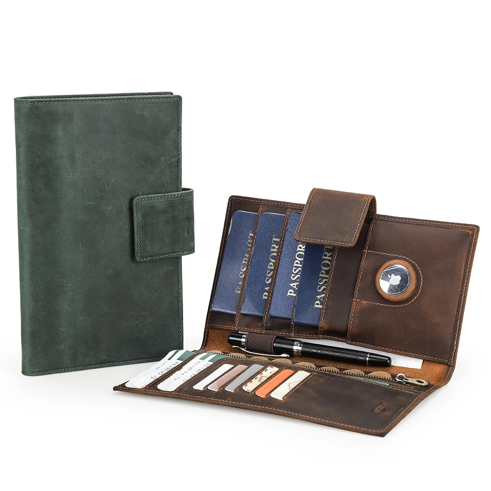 Vintage Clasp Design Crazy Horse Leather Family Travel Wallet Rfid Passport Card Holder Organizer Clutch With Zipper Coin Pocket