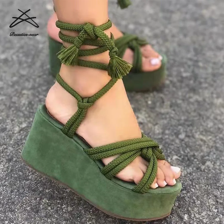 2022 New Platform Sandal Women Shoes Lace Up Plus Size Striped Wedge Sandals Womens Summer Chunky Outdoor Heeled Sandals