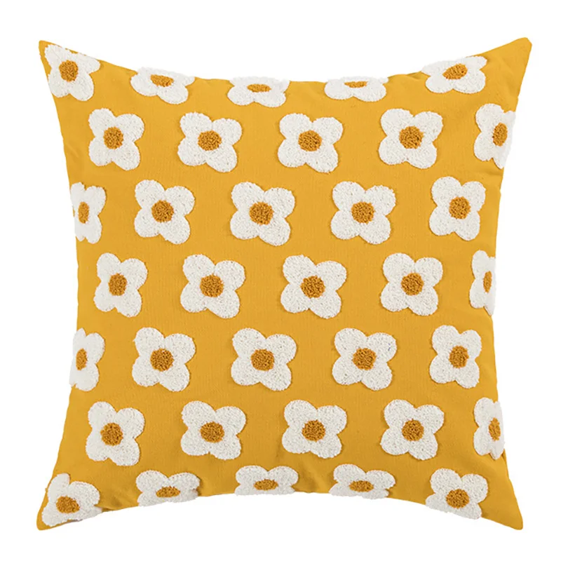 Home Decor Thick Cotton Canvas Square Loop Embroidered 4 Petal Floral Cushion Cover