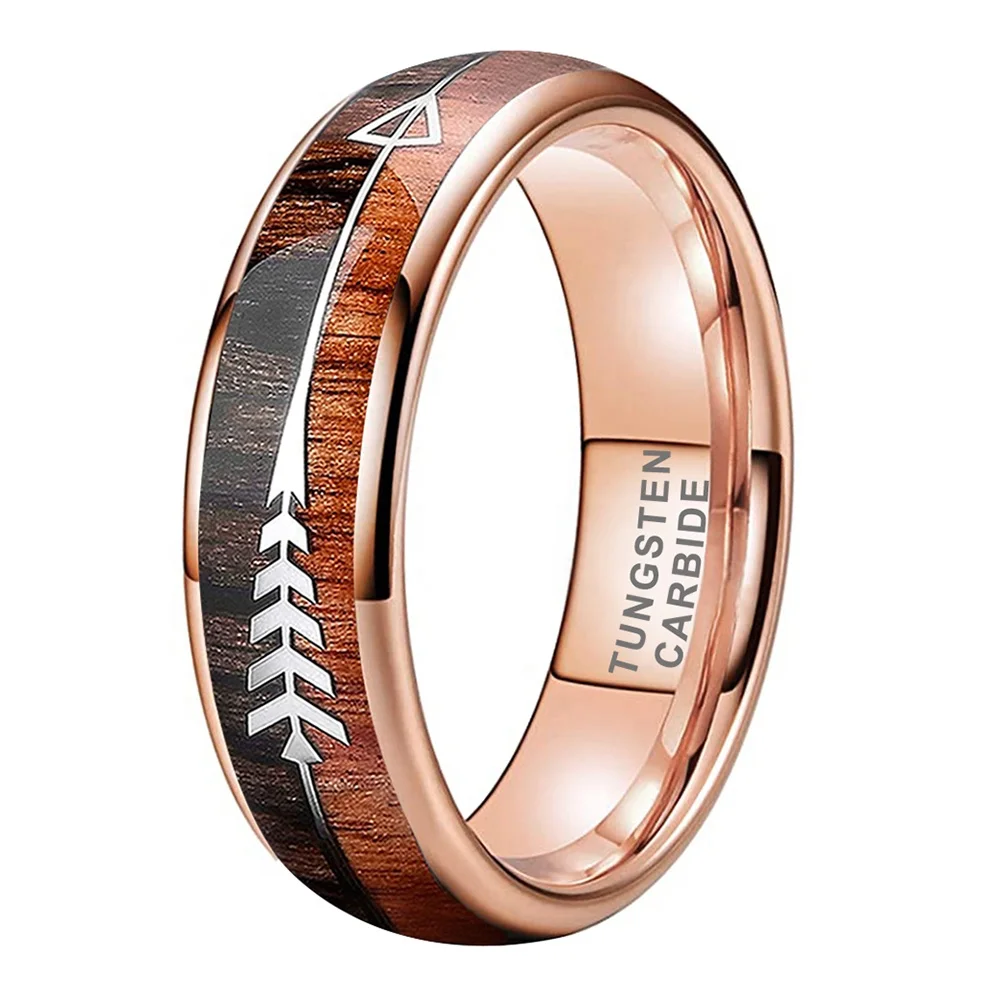 Coolstyle Jewelry 6mm 8mm Silver Black Gold & Rose Tungsten Ring Men Women Trendy Wedding Band Koa Wood Arrow Inlay Comfort Fit
