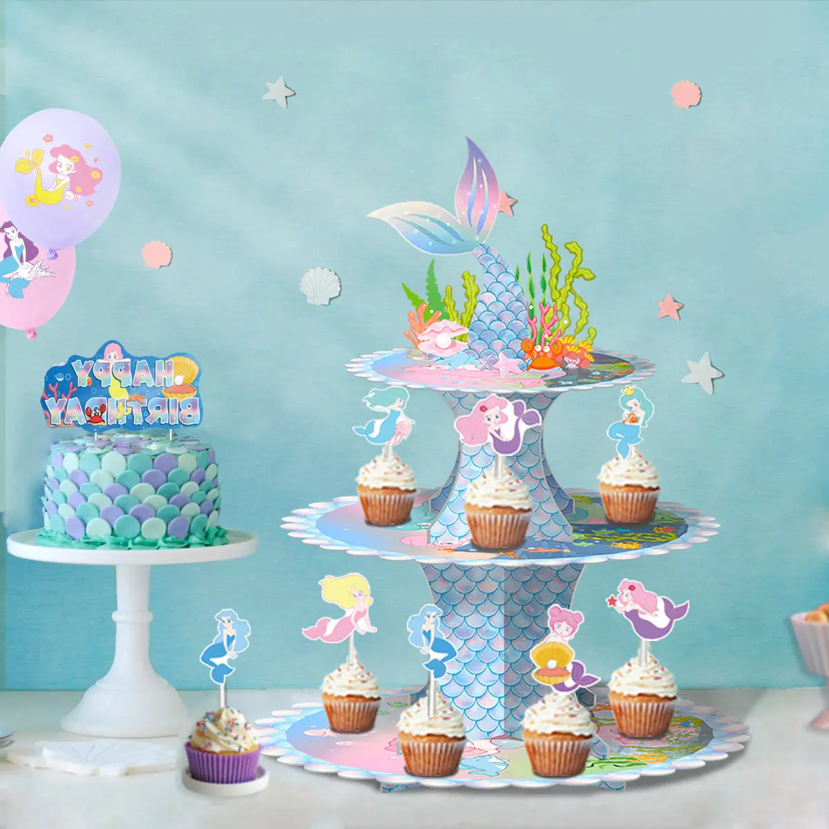 Mermaid Cake Stand 3 Tier Mermaid Party Supplies Mermaid Tail Cupcake Stand for Girls Underwater Theme Party