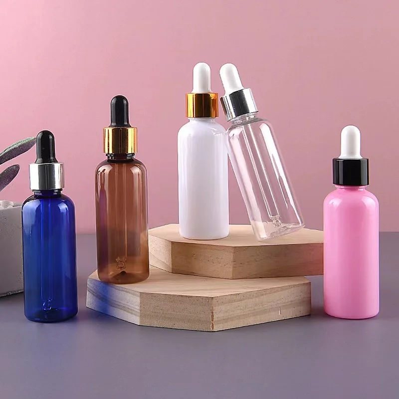 50ml 100ml luxury electrochemical aluminum PET2oz round essential oil serum plastic dropper Cosmetic dispenser empty bottle