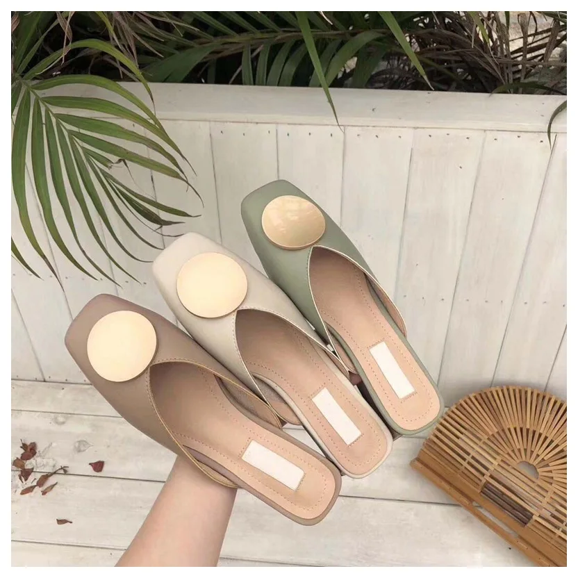 
Casual Women Slippers Slip Flat Heel Shoes British Buckle Slides Wooden Block Heels 