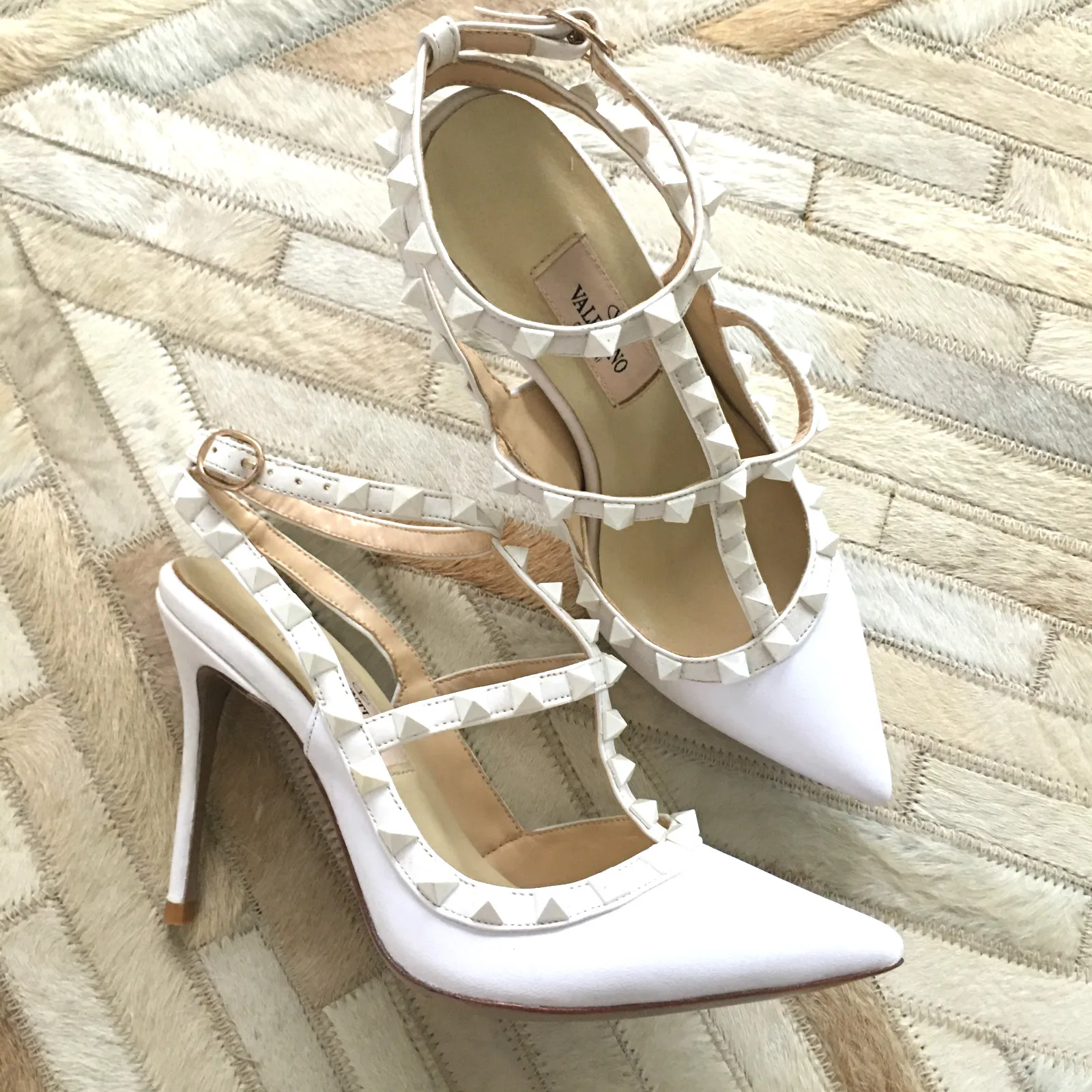 
Rivets Thin Heel 10cm White Heels ladies fashion shoes 