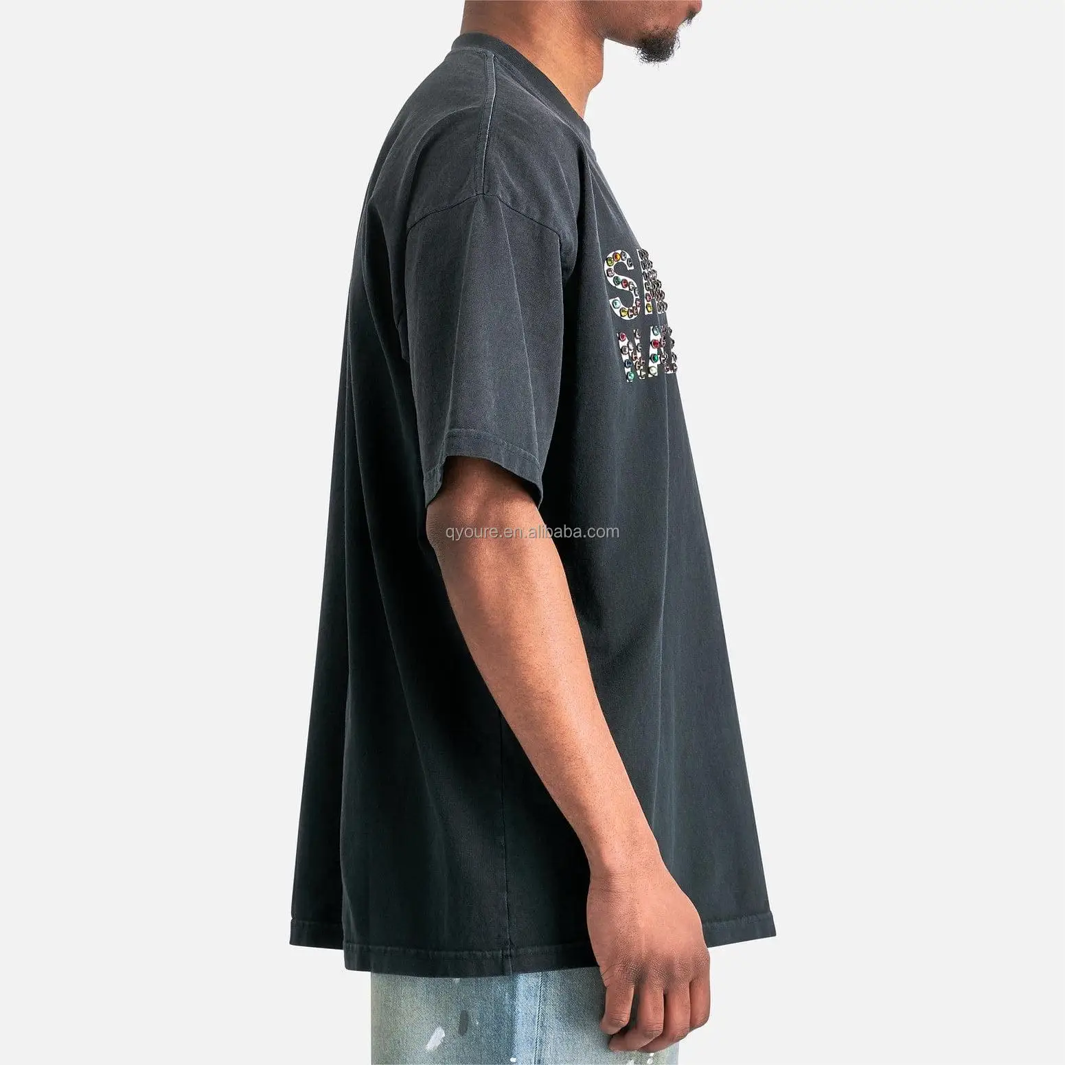 QYOURECLO custom wholesale high quality heavy weight oversized fit cotton mens rhinestone t shirts