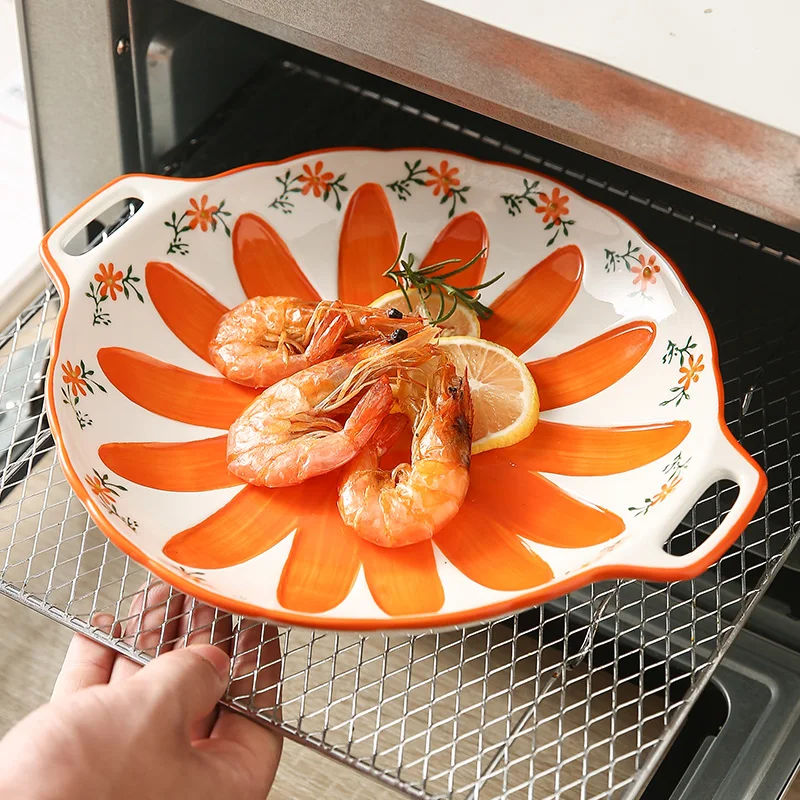 Wholesale Handmade Ceramic Dinnerware Hand-painted Salad Plate Stoneware Oven Safe Western Steak Plate With Handle