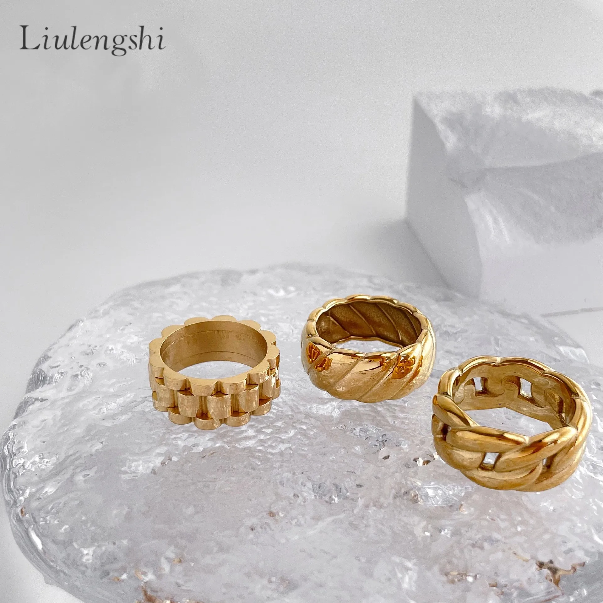 New Fashion Watchband Watch Band Stripe Chunky Gold Rings Twisted Wide Bold Cuban Link Chunky Chain Rings Stainless Steel