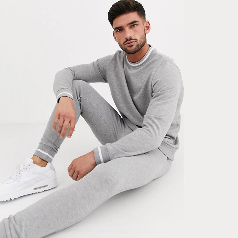 Sales Promotion Men Pre-shrunk Crewneck Heavy Cotton Blank Grey Private Label Tracksuit