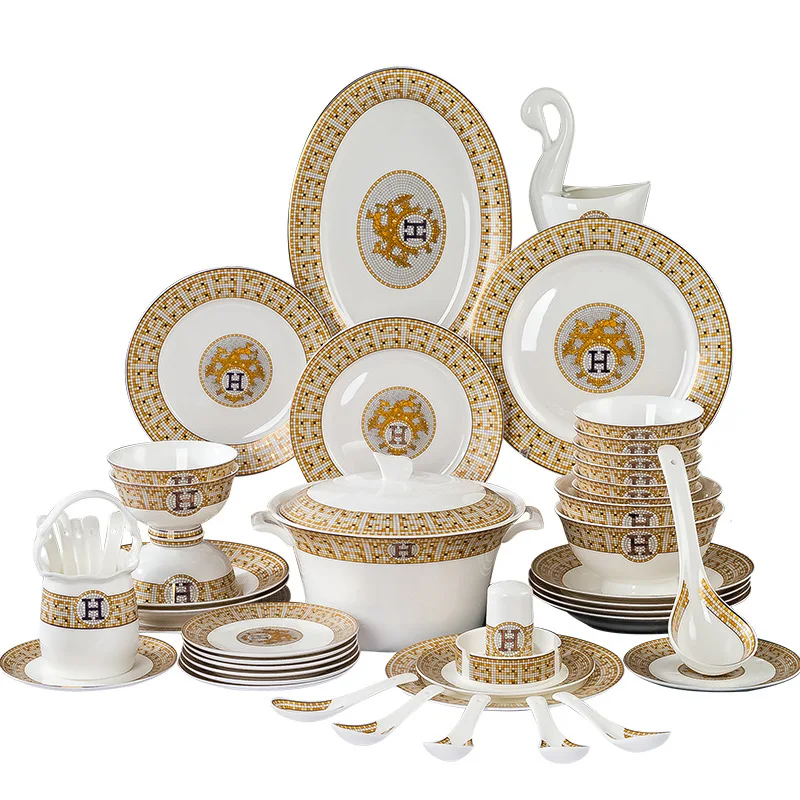 Best Sell Jingdezhen 60 pcs Western Style Golden Mosaic Bone China Tableware Set